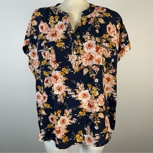❤️ Flower and Feather Floral Button-Up Blouse - Navy and Peach 2XL